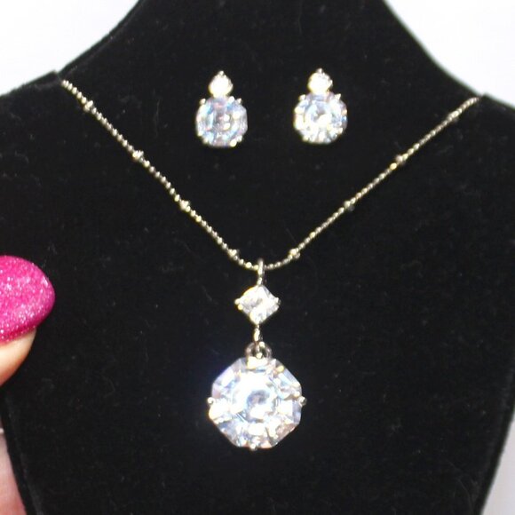 Large CZ and Silver Necklace and Earring Set - Picture 3 of 15